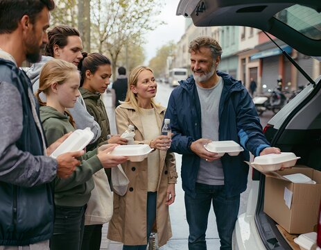 A diverse group of cheerful people congregates on a city street to distribute warm meals from the back of a vehicle during a community outreach event for individuals needing assistance in the
