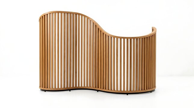 Modern wooden room divider with a curved wave design isolated on white background