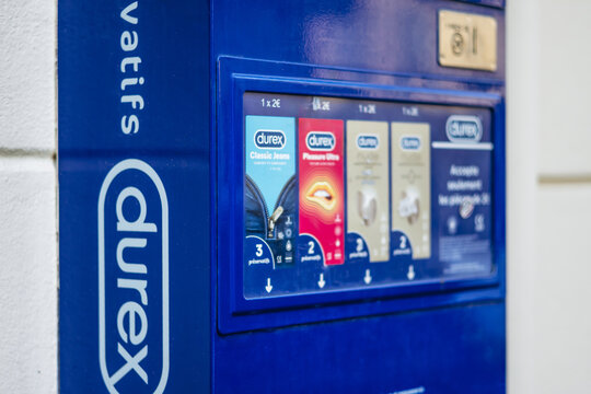 Nice, France - July 27, 2026: Durex condom vending machine mounted on a building facade on Rue Meyerbeer