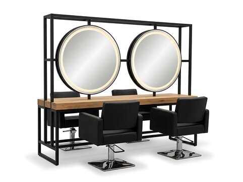 Modern salon styling station with two circular led mirrors isolated on white background