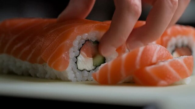 Freshly prepared salmon sushi rolls on a white plate.