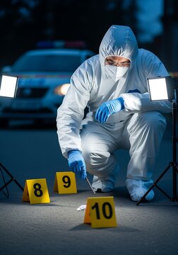 Investigator Examining Forensic Evidence at Night Crime Scene