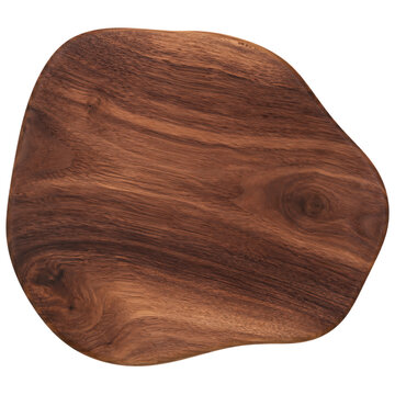A top down view of a dark brown organic shaped wooden serving board isolated as a cutout silhouette