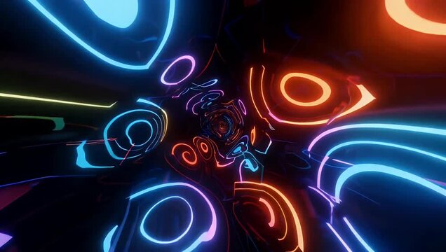 glowing 4K abstract tunnel is created with kaleidoscopic neon patterns in blue purple and red tones forming a vibrant immersive visual ideal for music videos sci-fi themes and digital art