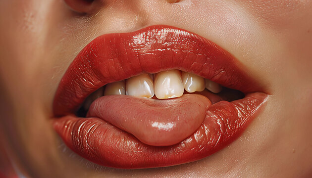 primo piano della bocca di una donna che si passa la lingua sulle labbra e i denti bianchi, close-up of a woman's mouth as she runs her tongue over her lips and white teeth