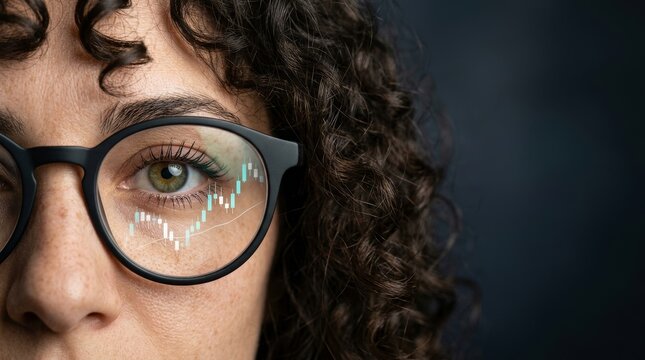 Glasses with stock chart reflection emphasize finance and technology concepts.