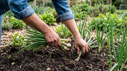 Fototapeta premium Organic Gardening and Sustainable Farming Collection Featuring Farmer Hands Planting, Growing and Harvesting Fresh Vegetables in Home Gardens and Agricultural Fields