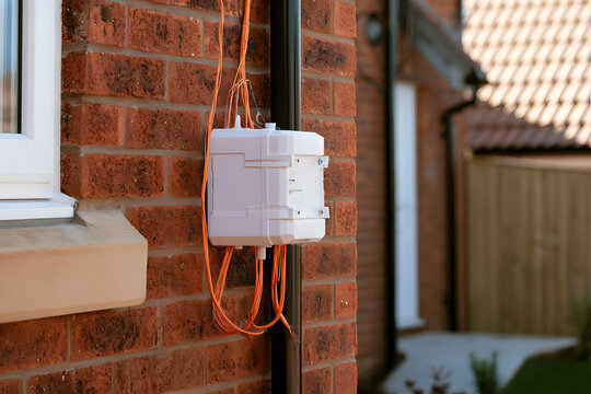 Fibre broadband conduit entry point and termination box on the house wall