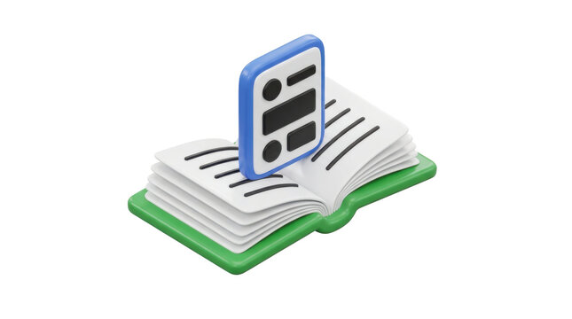 Abstract 3d rendering of an open book with a floating blue and white document icon representing information.