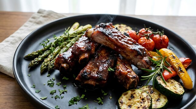 Delicious grilled pork ribs with roasted asparagus and cherry tomatoes on a dark plate. grill pork tips