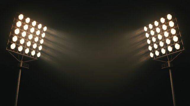 Black Friday Stadium floodlights glowing brightly in dark night sky creating dramatic atmosphere for sports events or concert staging