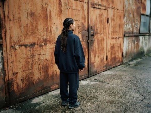 Woman standing in front of rusty metal gate. Girl wearing dark oversized tracksuit. Urban street style photography, industrial background, mysterious atmosphere, fashion concept.