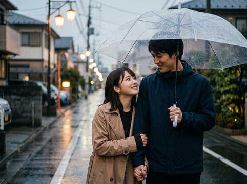 雨の日の住宅街を透明な傘をさして歩くカップル