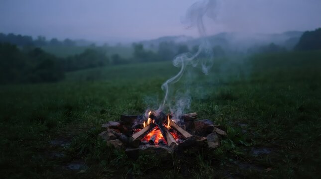 Campfire burning in a grassy field during a misty morning. Small bonfire with glowing embers and rising smoke. Outdoor adventure, travel, and wilderness survival concept. Peaceful nature.