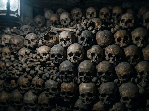 Large pile of human skulls stacked inside a dark historic underground ossuary chamber