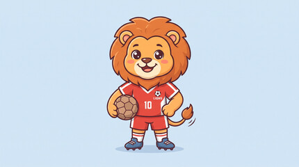 Fototapeta premium Cute big head lion soccer player cartoon mascot vector illustration holding football on hip with bold outlines on light background