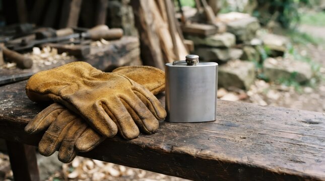 Leather work glove and metal flask on wooden workbench in workshop. Carpenter tool and equipment for manual labor. Craftsmanship and artisan hobby. Resting time for woodworker.