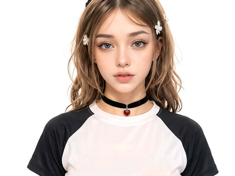白い背景で、黒いチョーカーとTシャツを身につけた少女のポートレート