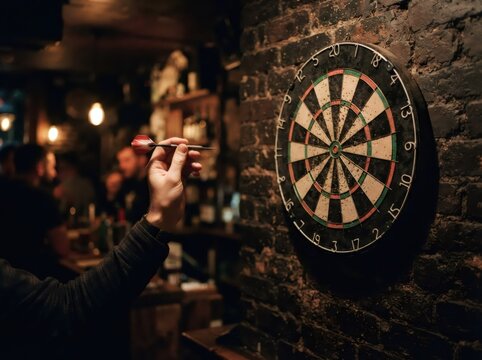 Man throwing dart at board in pub. Close up of hand aiming at target. Competition and leisure activity in bar. Concept of focus, accuracy, goal achievement and recreational nightlife.