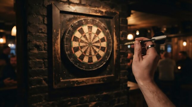 Man holding dart aiming at dartboard in pub. Player focusing on game in bar. Hobby and recreation concept. Precision and sports strategy to reach target. Achievement and leisure activity.