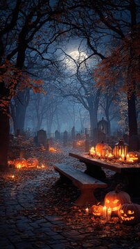 Mystical pumpkin luminance in the haunted woods under a full moo