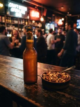 Beer bottle and bowl with nut snack on wooden bar counter. Blurred people socializing in background inside pub. Evening nightlife atmosphere, leisure time and social gathering concept.