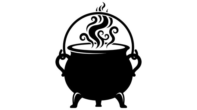 Halloween Witch's cauldron silhouette vector icon with magic smoke. Halloween symbol and occult symbol. Black magic brew stock illustration for festive design and decoration. isolated on White