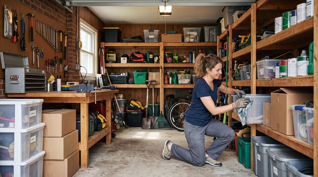 Woman organizing storage shelves in a cluttered garage with tools and boxes