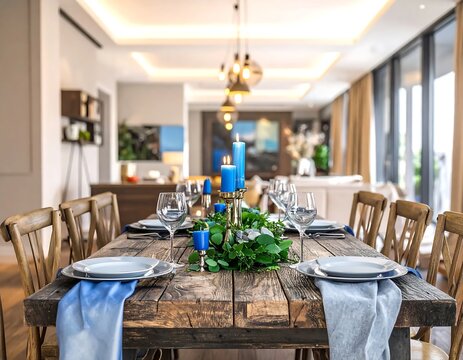 Elegant dining room setup with rustic wooden table and blue accents.