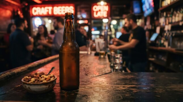 Brown glass bottle and bowl of nuts on a wooden bar counter. Blurred background with people relaxing in a pub. Nightlife scene, socializing, and leisure activity in a brewery.