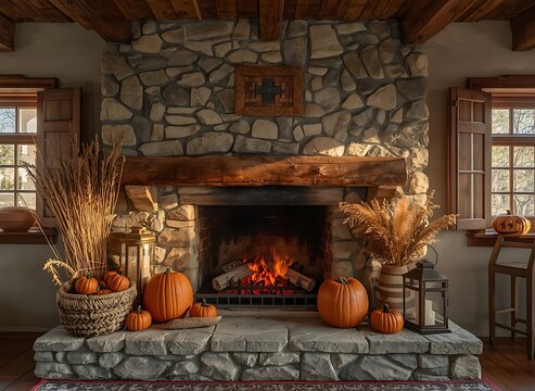 Restored European countryside cottage with a natural fieldstone fireplace and autumn decorations
