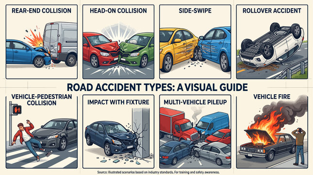 Road accident types visual guide, collection of 8 vehicle collision scenarios, car crash diagrams for insurance and safety training