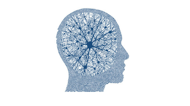 Conceptual human brain neural network, blue silhouette of a head with digital synapses, artificial intelligence and mental health concept on white background