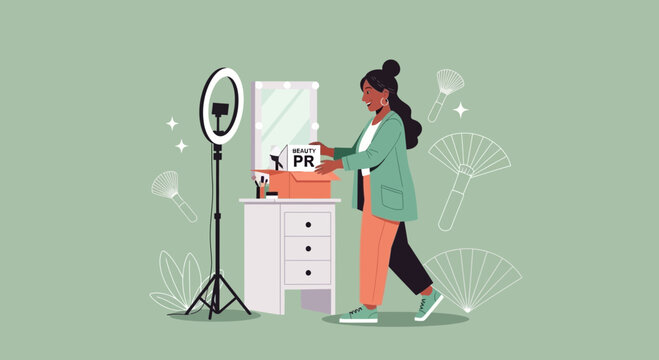 Woman influencer filming beauty tutorial with ring light and makeup kit.