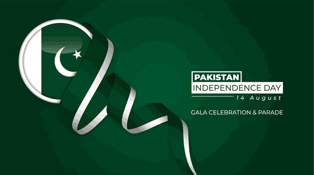 Pakistan Independence Day banner with national flag ribbon, 14 August gala celebration background, green and white patriotic poster design