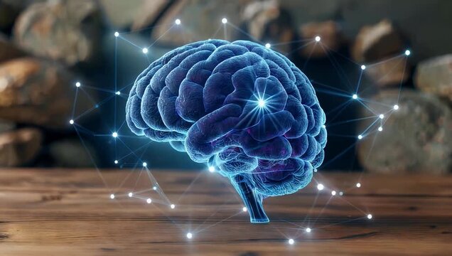 futuristic 4K digital visualization features a glowing holographic brain floating above a wooden table with bright neural network nodes forming connections against a blurred stone background