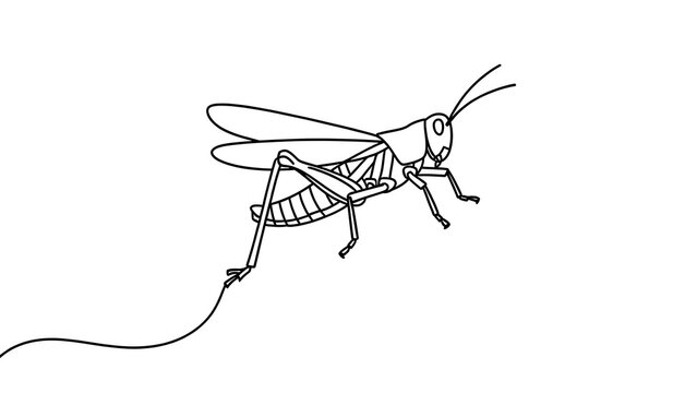 Line art grasshopper illustration white background.