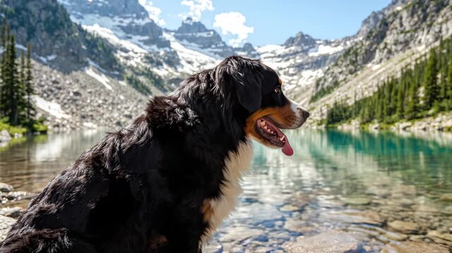 Bernese Mountain Dog sitting by a crystal-clear alpine lake with snow-capped mountains and pine forests in the background