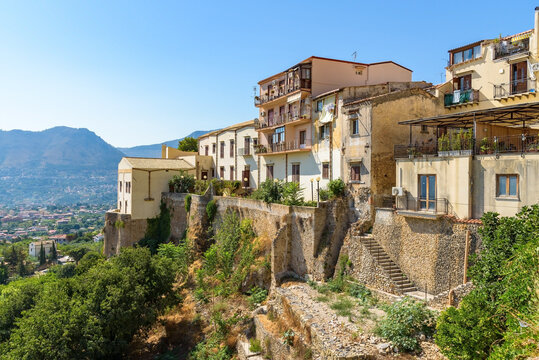 Historic hillside buildings in Monreale overlooking the valley near Palermo, Sicily