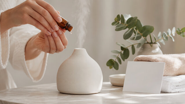 Daily self love checklist includes using essential oil diffuser for relaxation and wellness in calm home spa setting with natural decor