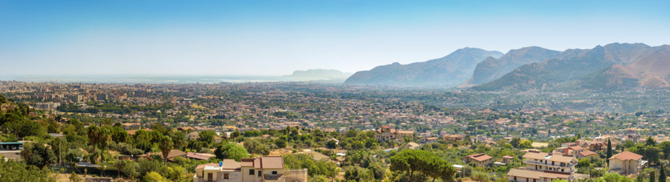 Panoramic view of Palermo and surrounding mountains from the hills, Sicily