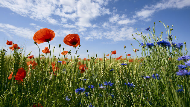 A swath of natural wheat, enhanced by the vibrant sway of poppies and cornflowers, stretches beneath an open sky, promoting pollinator conservation
