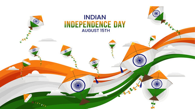 Indian Independence Day August 15th celebration banner, tricolor kites flying in saffron white and green sky, patriotic national holiday background