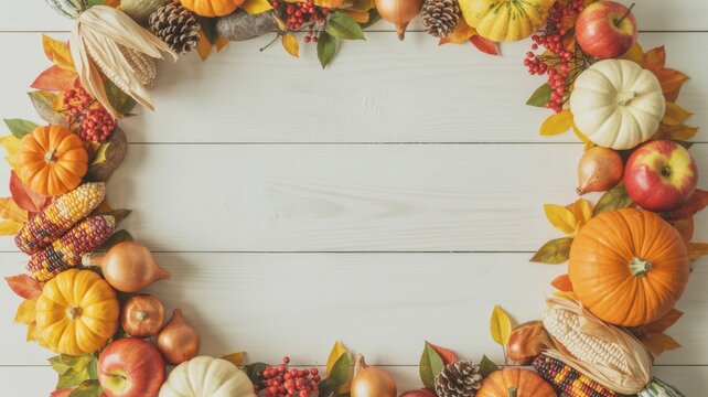 Thanksgiving Thanksgiving harvest frame with assorted pumpkins apples and autumn leaves on rustic white wooden background with copy space USA