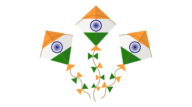 Indian flag kites on white background, three tricolor kites for Independence Day, flying paper kites with Ashoka Chakra for Republic Day celebration
