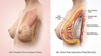 Fototapeta premium Breast Before vs After Augmentation: Small Breast vs Implant Augmented Breast