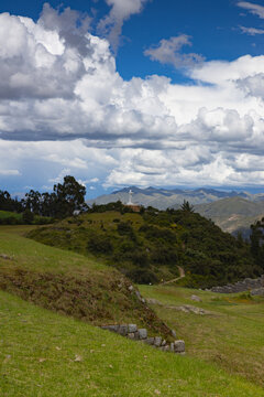 View from Puka Pukara Archaeological Complex on Statue of Christ, Cusco, Peru