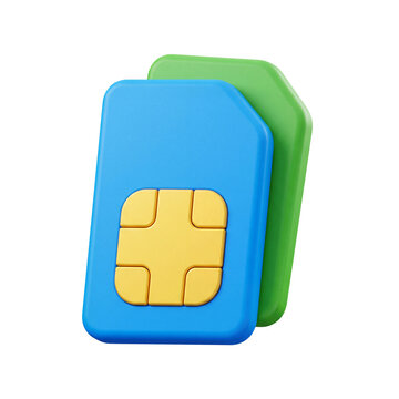 3d render of dual sim card icon featuring blue and green mobile communication cards with yellow gold microchip isolated on transparent background for network connection