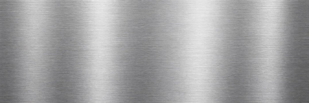 Brushed metal texture background. Shiny silver steel surface with horizontal grain pattern.