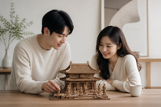A young couple is sitting at a wooden table, looking down and interacting with a miniature model of an ancient building.
